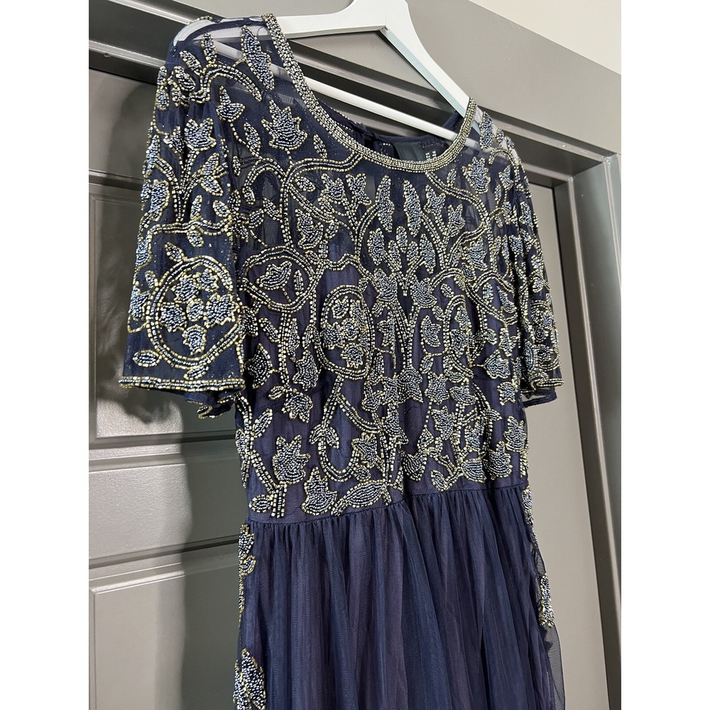 ASOS Dress Women 14 Navy Blue Beaded Short Sleeve Sequin‎ Bling Wedding Guest - Picture 4 of 11